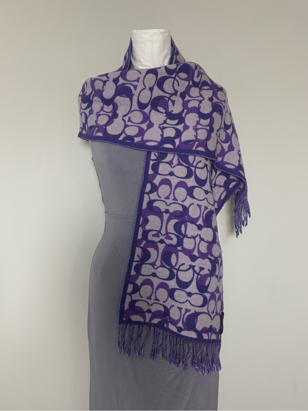 Coach Purple Signature C Logo Reversible Scarf Merino Wool Cashmere Blend